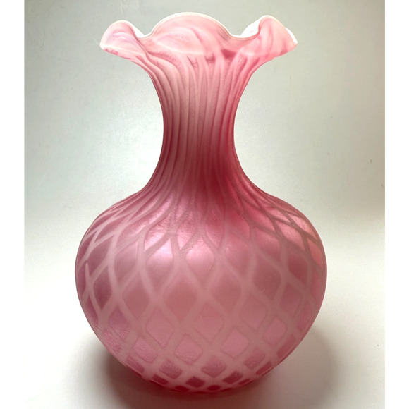 Unmarked Other - Antique Victorian Mother-of-Pearl Satin Glass Vase Quilted Diamond Pattern Cased